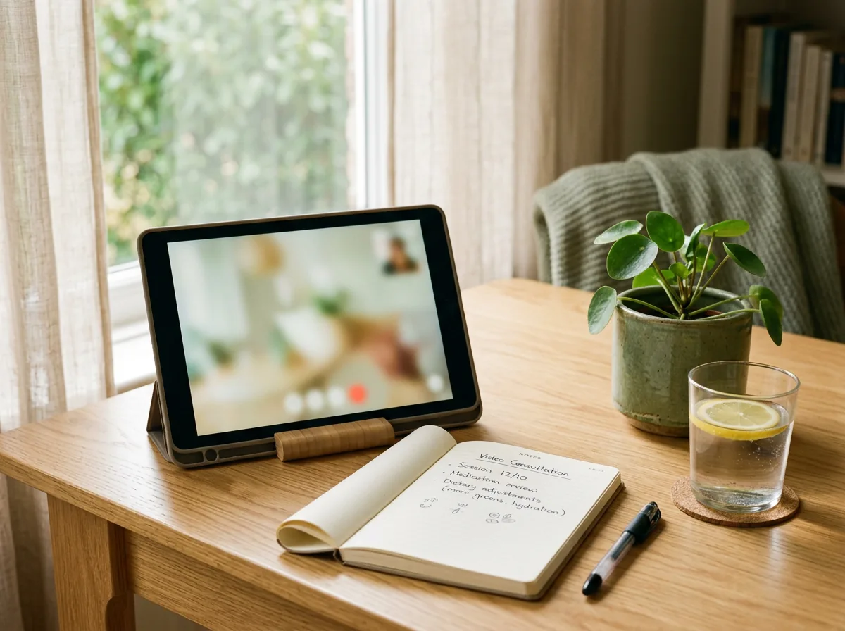 Tableta con videollamada de teleconsulta sobre una mesa de madera